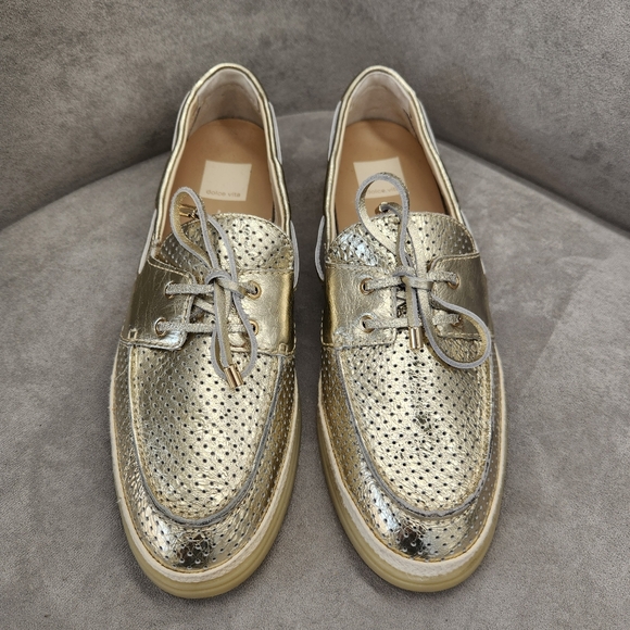 Dolce Vita Shoes - Dolce Vita Loafers 10 Platinum Gold Leather Doris Perforated Metallic New $140